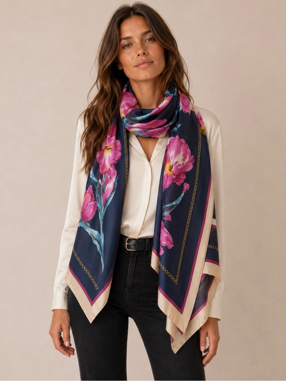 100% Silk Oversized Scarf Navy Pink Tulip Blooming Floral Wrap Shawl